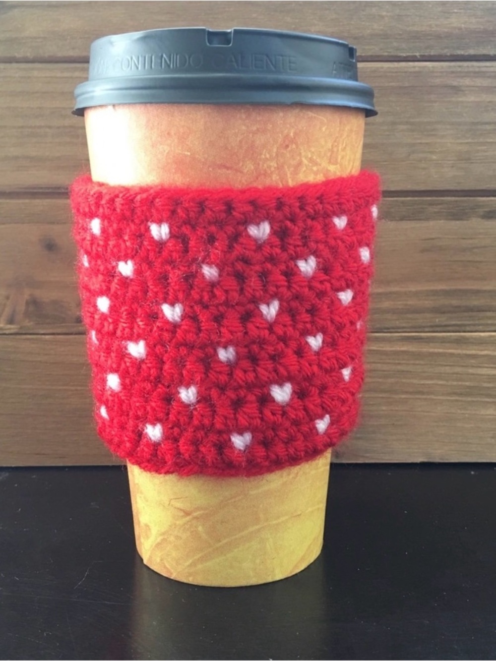 Handmade Red Crochet Coffee Cozy with White Heart Dots